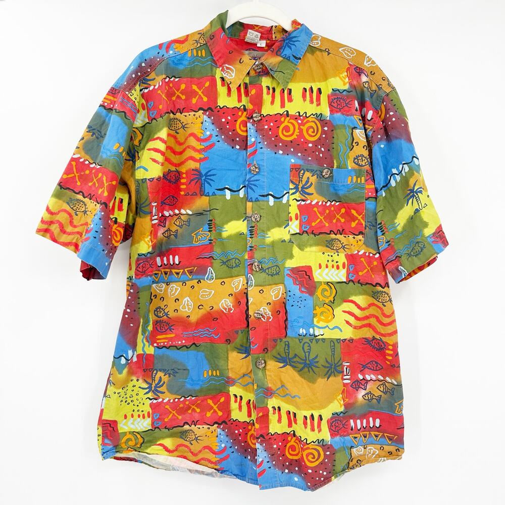 The Territory Ahead Mens Vintage Tropical Beach Aztec Button Up Camp Shirt Large